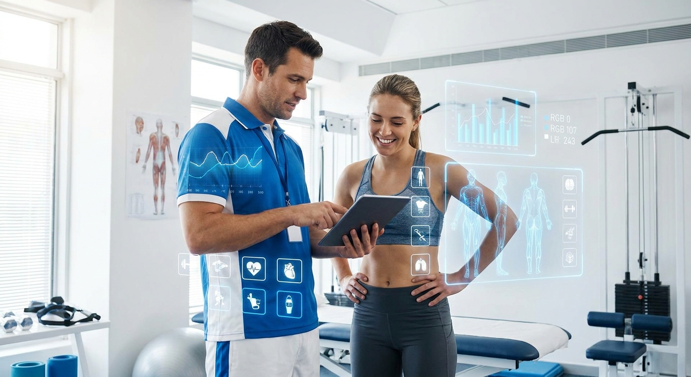 Fisioterapeuta esportivo usando app Personal Millbody para acompanhamento remoto e prevenção de lesões