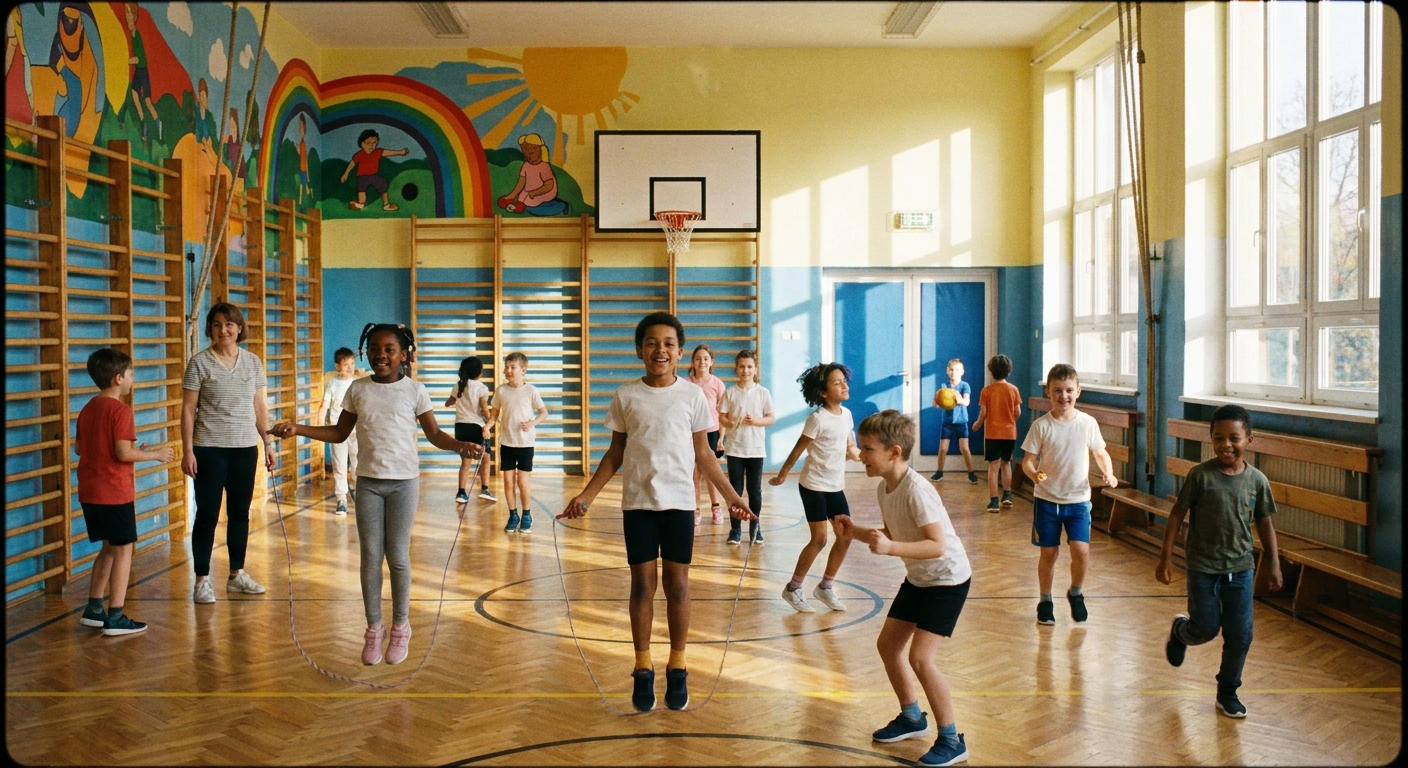 Crianças em atividade física escolar sorrindo em ambiente colorido e acolhedor