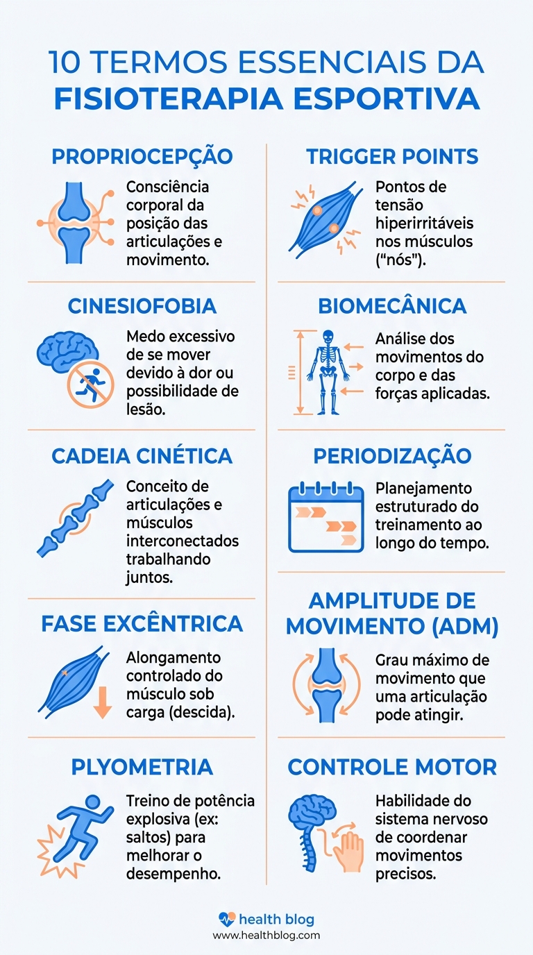 Infográfico com os 8 termos essenciais da fisioterapia esportiva: propriocepção, cinesiofobia, cadeia cinética, fase excêntrica, plyometria, trigger points, biomecânica e periodização