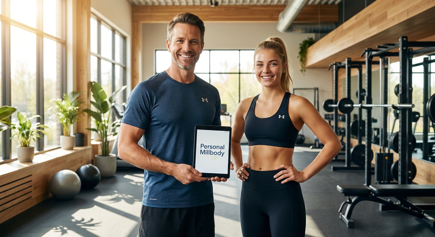 Fisioterapeuta esportivo utilizando o app Personal Millbody ao lado de atleta
