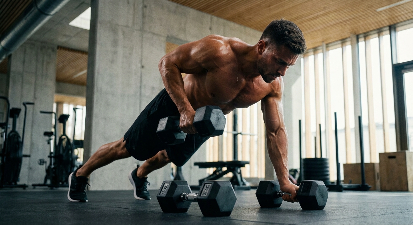 Instrutor de calistenia demonstrando flexão com halteres para academia