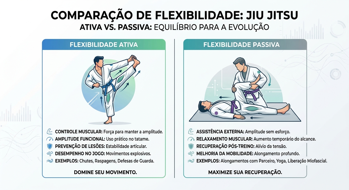 Infográfico comparando flexibilidade ativa versus flexibilidade passiva para atletas de BJJ