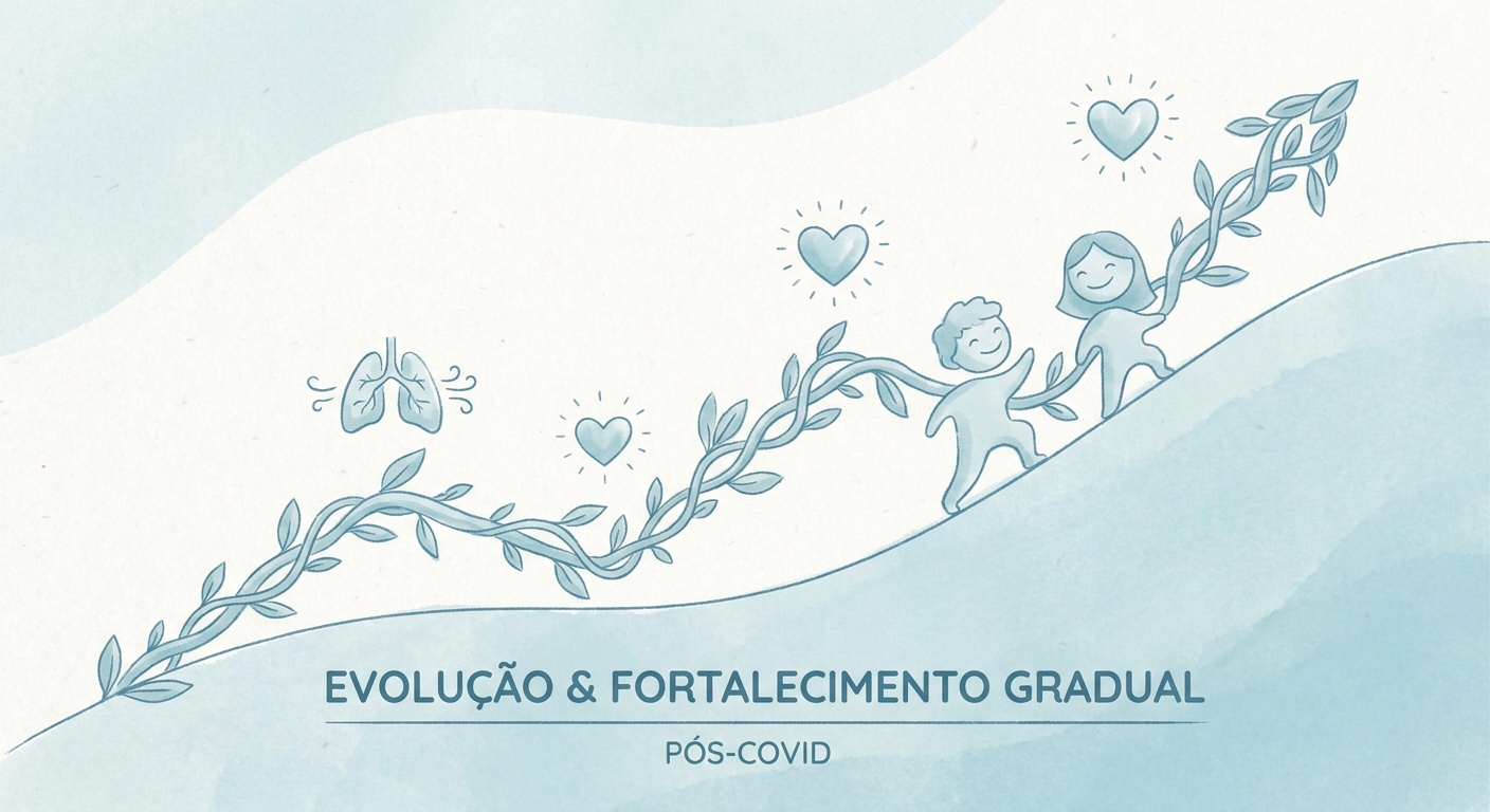 Fortalecimento gradual pós-Covid com Pilates Gráfico de evolução com ícones de respiração e coração simbolizando fortalecimento gradual pós-Covid