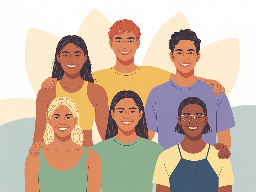 Grupo de adolescentes diversos e confiantes, com símbolos de yoga e meditação, representando a autoestima na adolescência.