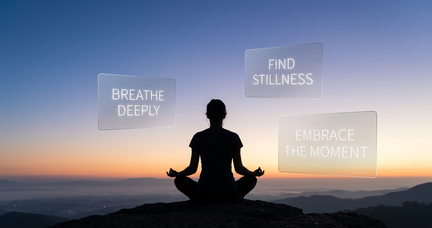 Pessoa meditando ao ar livre em um amanhecer suave com frases de inspiração espiritual