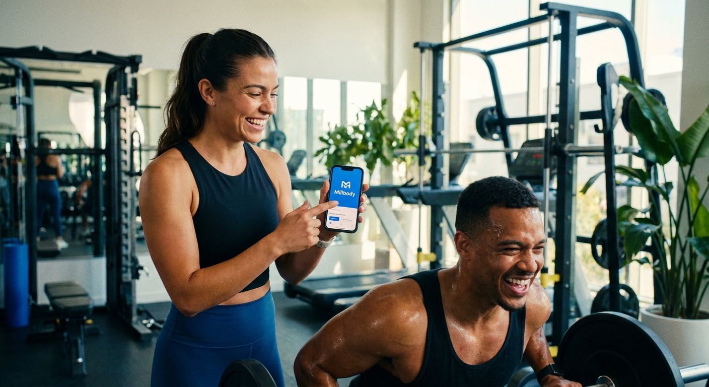 Personal trainer motivando aluno com auxílio do app Millbody na academia, equipamentos modernos e ambiente iluminado