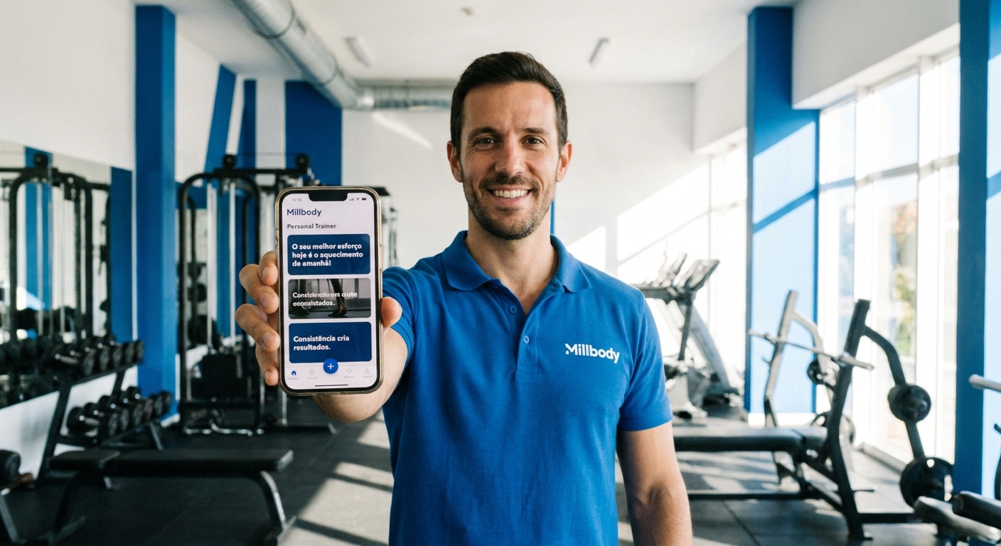 Personal trainer usando app Millbody com frases de treino para status personalizadas