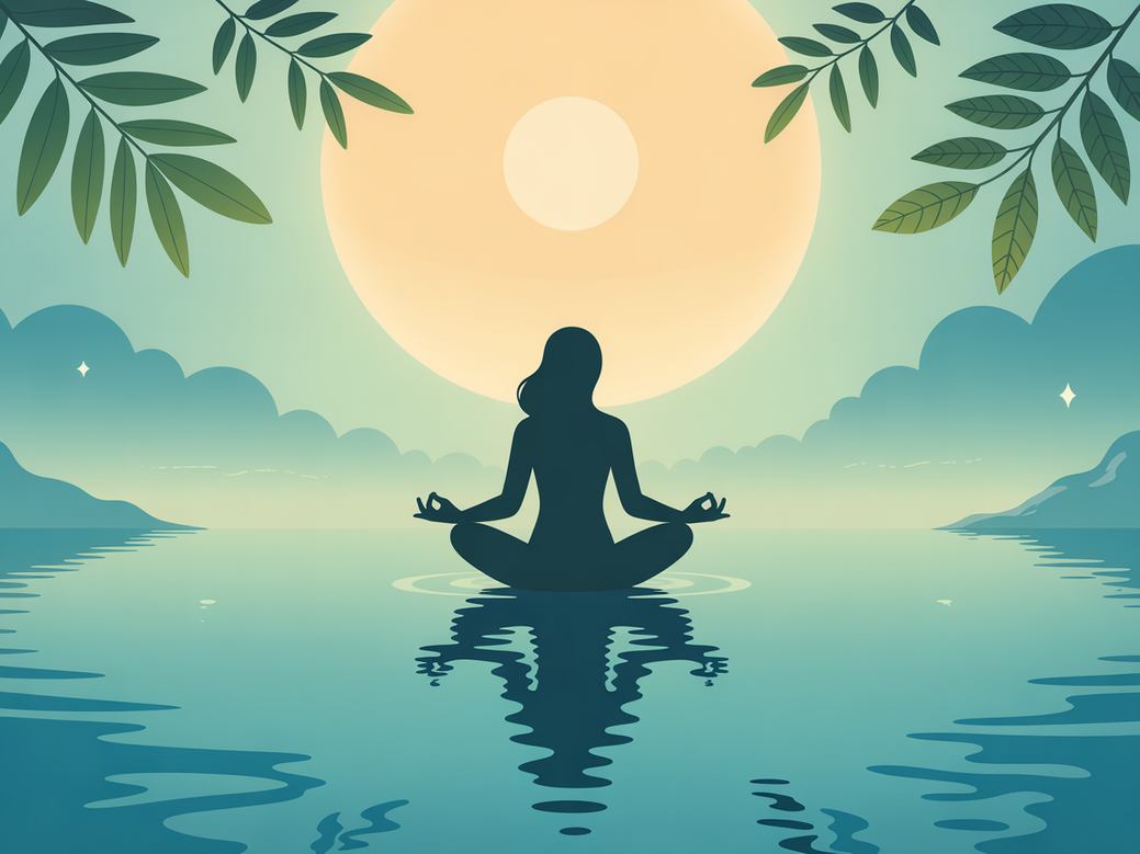 Mulher meditando em ambiente calmo, simbolizando o alívio da ansiedade através de frases de inspiração e respiração consciente.