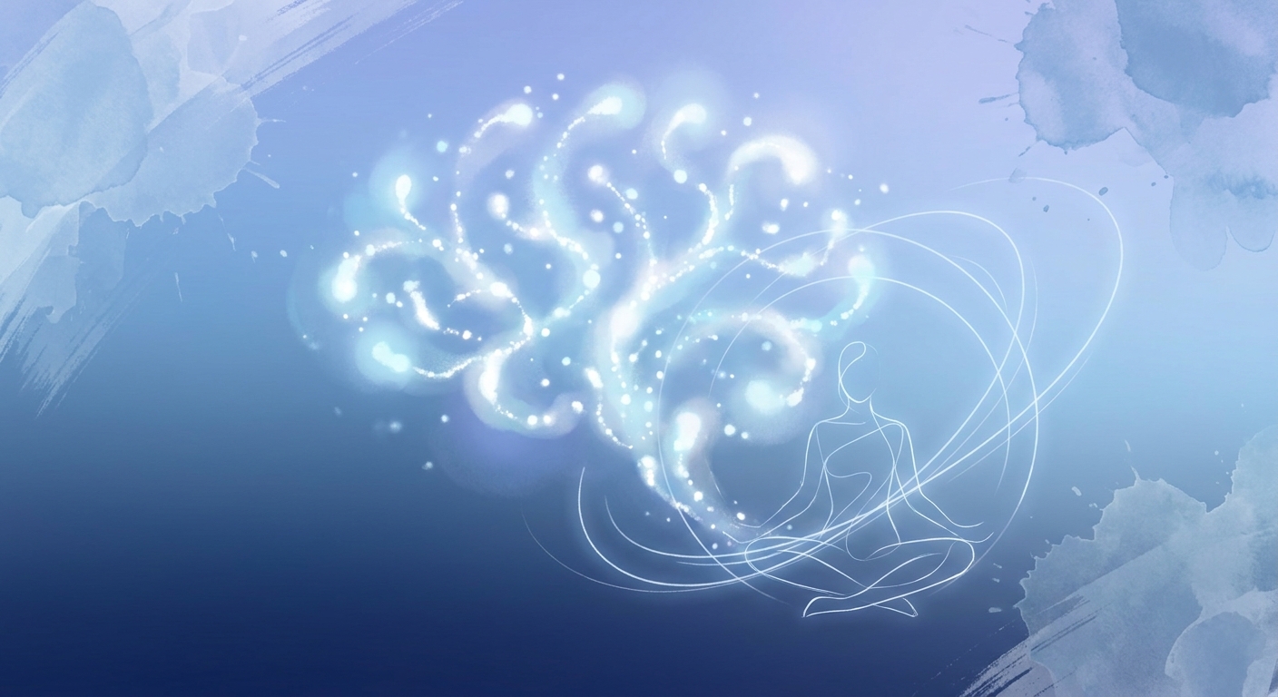 Frases de inspiração para artistas criativos com fundo azul expansivo e elementos de luz e mente expandida