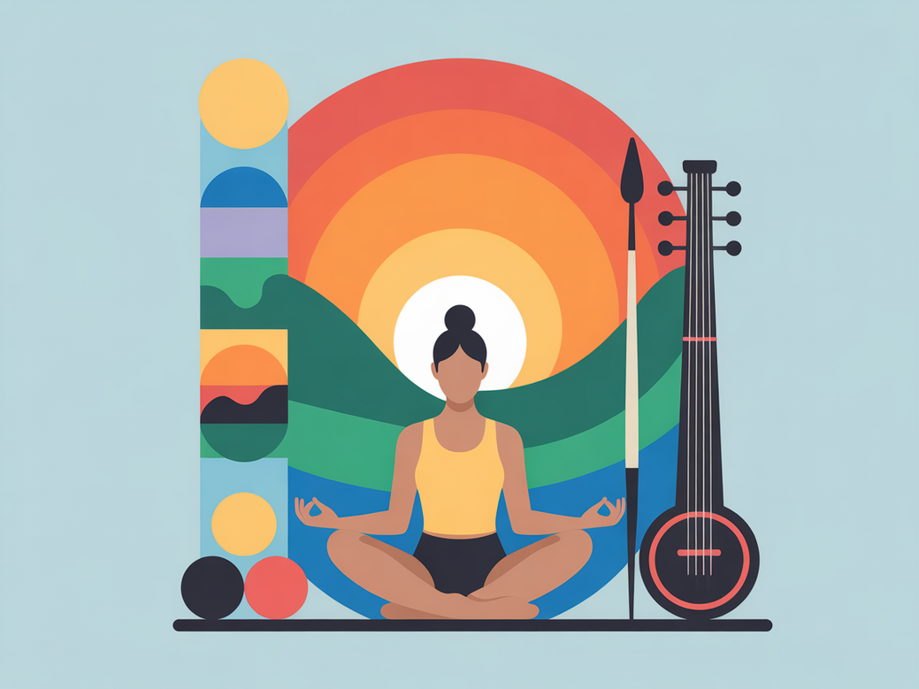 Ilustração abstrata com elementos de arte, yoga e meditação, simbolizando o desbloqueio criativo para artistas.