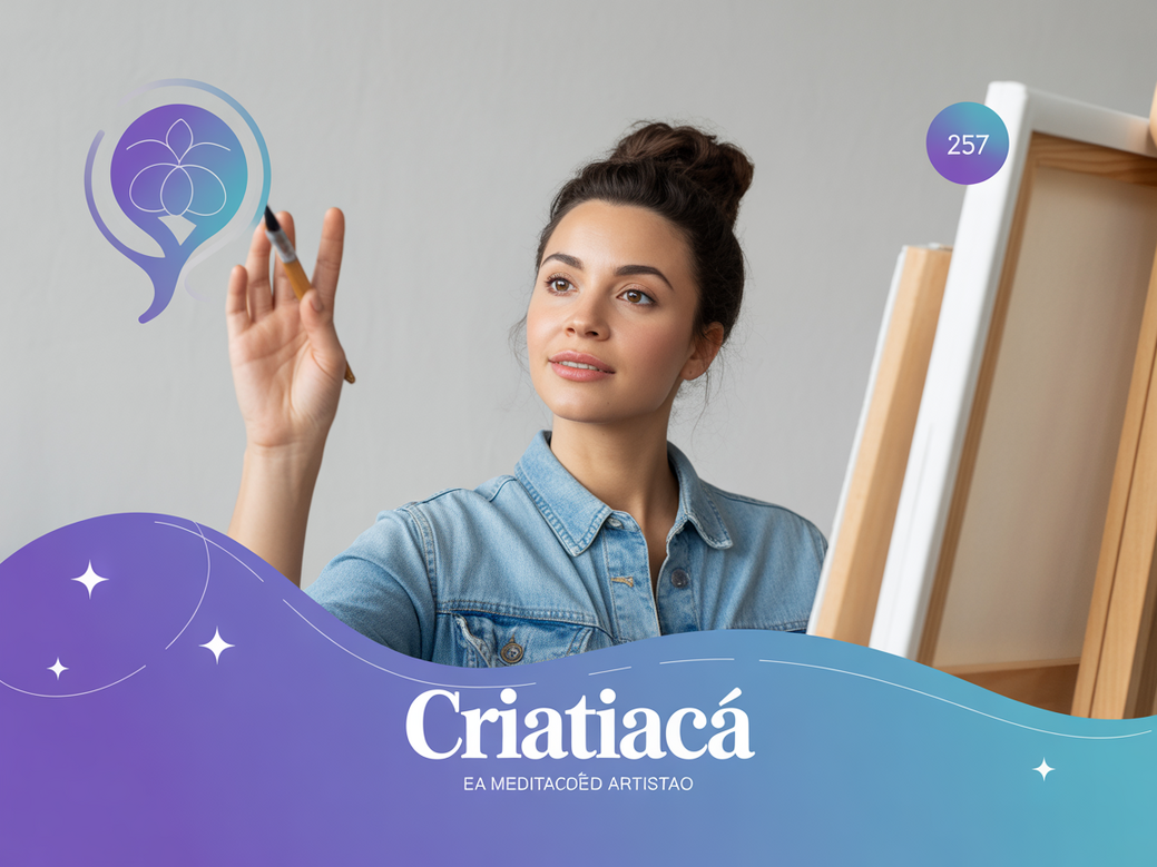 Artista meditando em seu estúdio em 2026, cercado por elementos de criatividade, ilustrando a conexão entre meditação e inspiração artística.