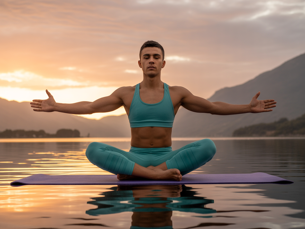 Atleta em postura de lótus sobre um tapete de yoga, visualizando o sucesso. Imagem simboliza o uso de frases de inspiração para atletas e a recuperação mental esportiva.