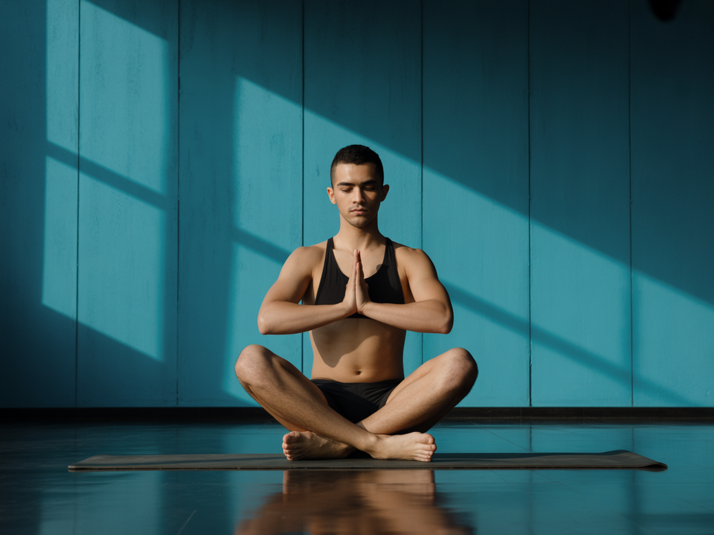 Atleta de alta performance praticando yoga para recuperação mental e foco competitivo, utilizando frases de inspiração para atletas.