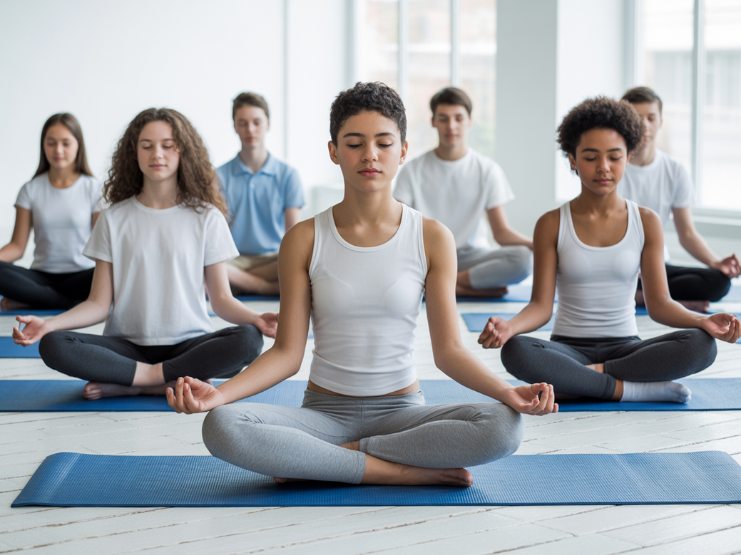 Grupo de adolescentes fortalecendo a autoestima na adolescência através de práticas de bem-estar.