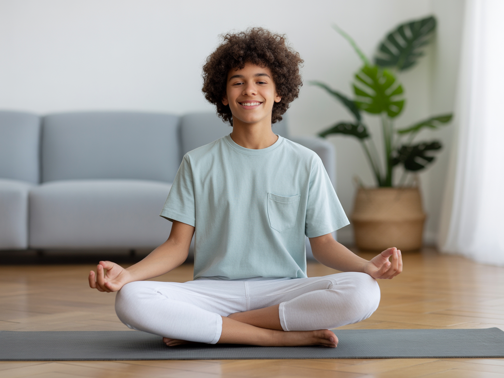 Adolescente fortalecendo a autoestima com frases de inspiração e prática de yoga ao amanhecer.