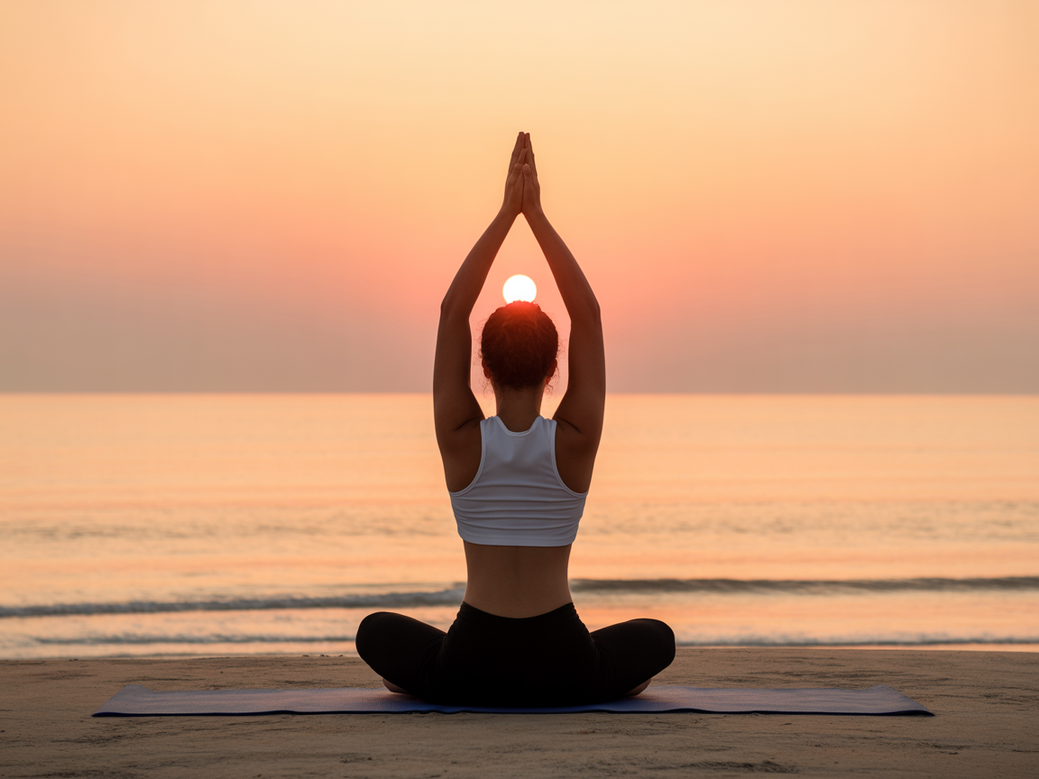 Mulher praticando yoga suave ao amanhecer, simbolizando esperança e resiliência na jornada com dor crônica.