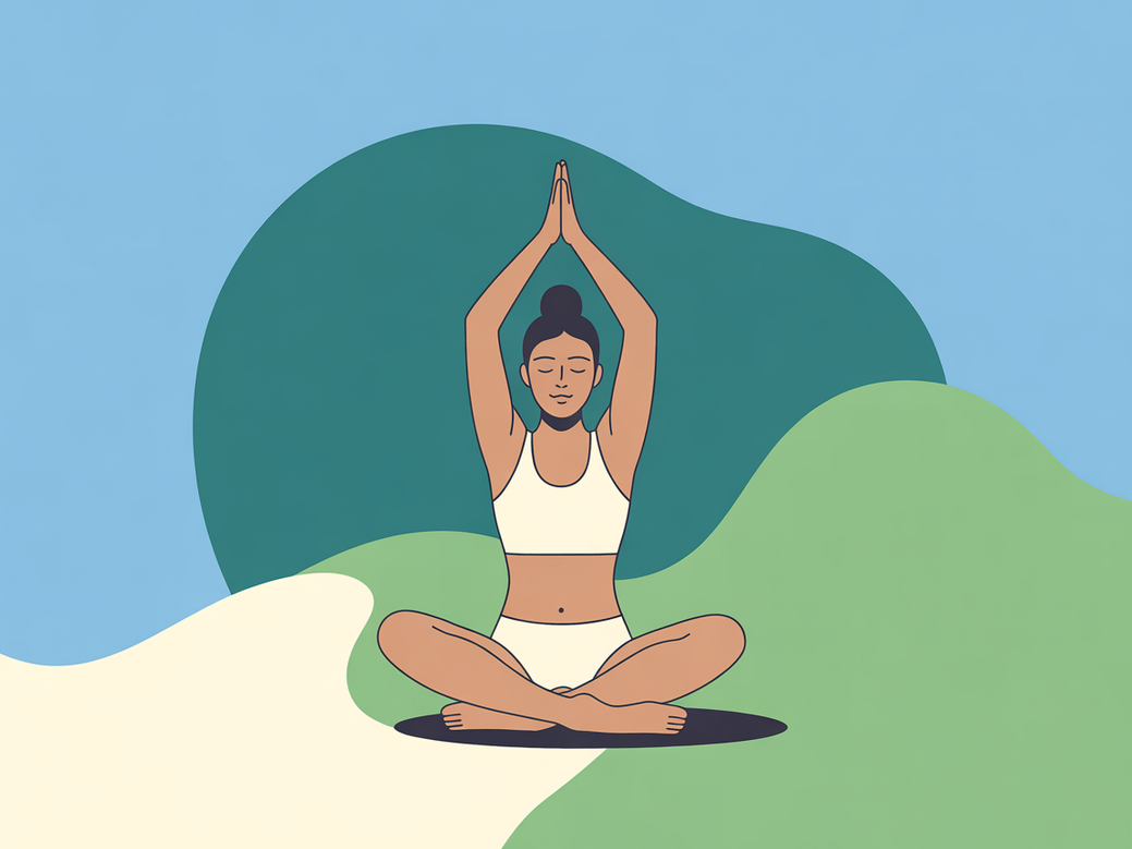 Mulher praticando yoga suave para alívio da dor crônica, em um ambiente calmo que simboliza a transformação e o bem-estar.