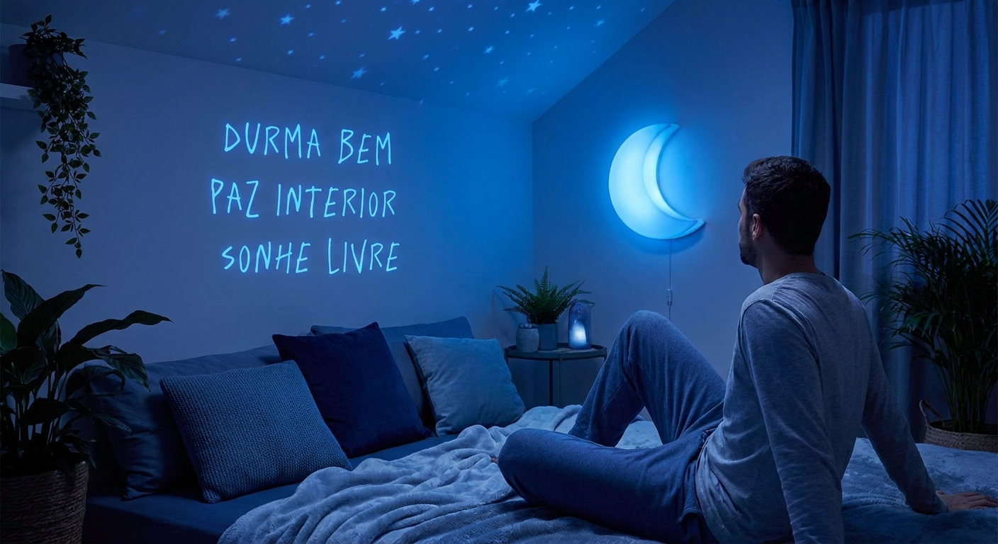 Homem relaxado em ambiente tranquilo com iluminação suave azul, representando noite de sono tranquilo com frases de inspiração