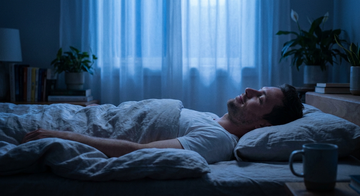 Homem relaxando na cama usando frases de inspiração para dormir em quarto com iluminação suave