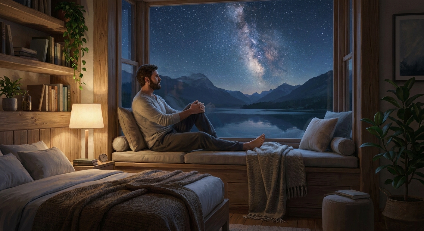 Homem relaxado utilizando frases de inspiração para dormir em ambiente tranquilo