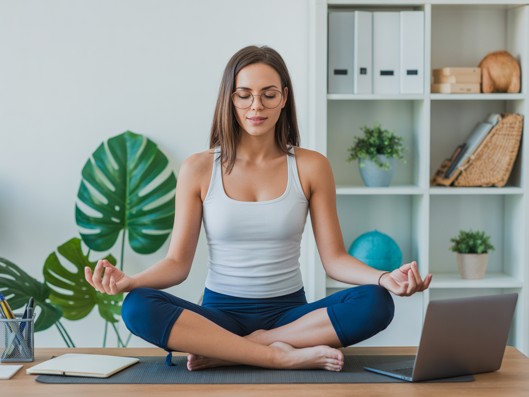 Empreendedora digital praticando yoga matinal para mais clareza mental e produtividade com frases de inspiração.