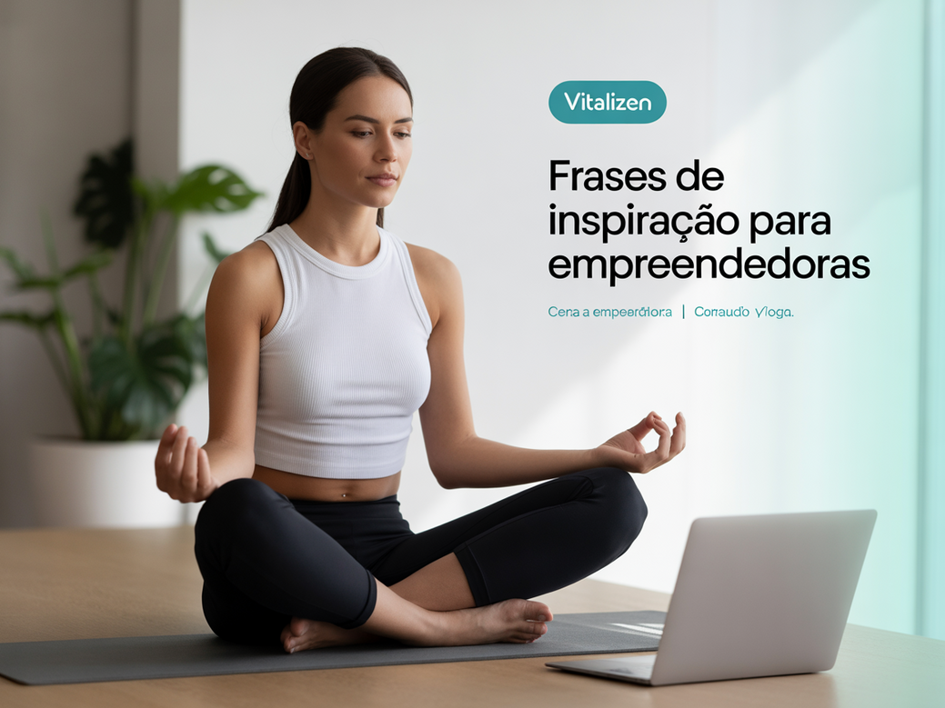 Mulher empreendedora meditando em seu espaço de trabalho, inspirada por frases de inspiração para empreendedoras digitais.