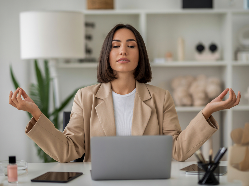 Mulher empreendedora meditando em seu escritório, um exemplo de motivação para empreendedoras que buscam equilíbrio com práticas de bem-estar.