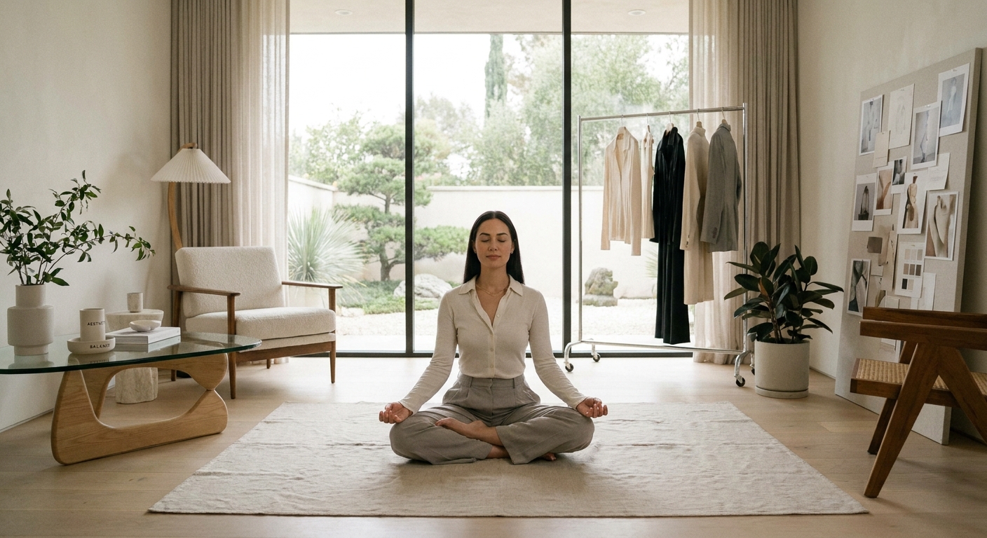 Empreendedora de moda meditando em ambiente elegante, representando equilíbrio entre negócio e bem-estar