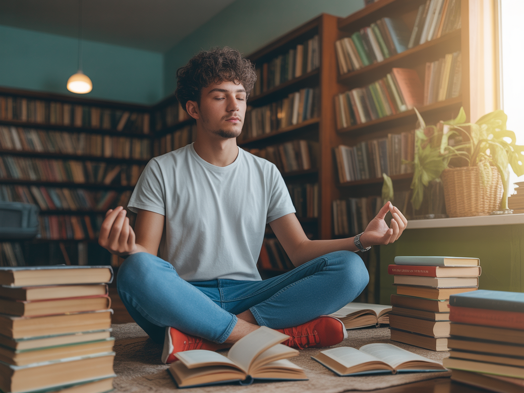 Frases de inspiração para estudantes: Um universitário medita em calma, cercado por livros, mostrando como focar nos estudos e vencer a ansiedade.