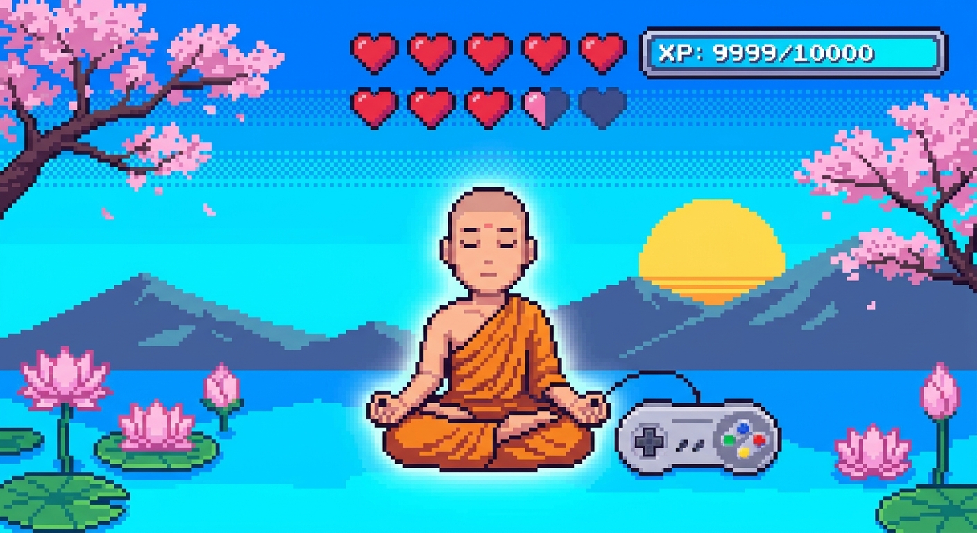 Personagem pixel art meditando com controle de videogame ao lado em estilo retrô gaming - frases de inspiração para gamers