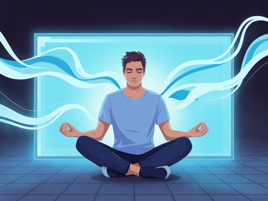 Frases de inspiração para gamers com um controle de videogame e uma pessoa meditando ao fundo, representando o equilíbrio e a saúde mental no gaming.