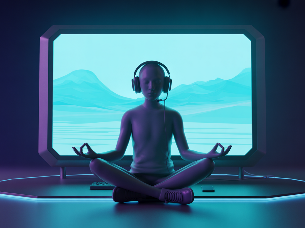 Gamer meditando em frente ao computador, simbolizando o equilíbrio entre jogos e mindfulness com frases de inspiração para gamers.