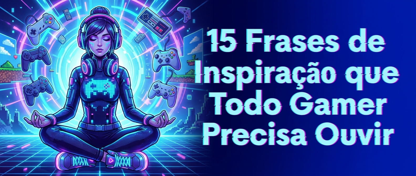Frases de inspiração para gamers com estética neon e elementos de jogos