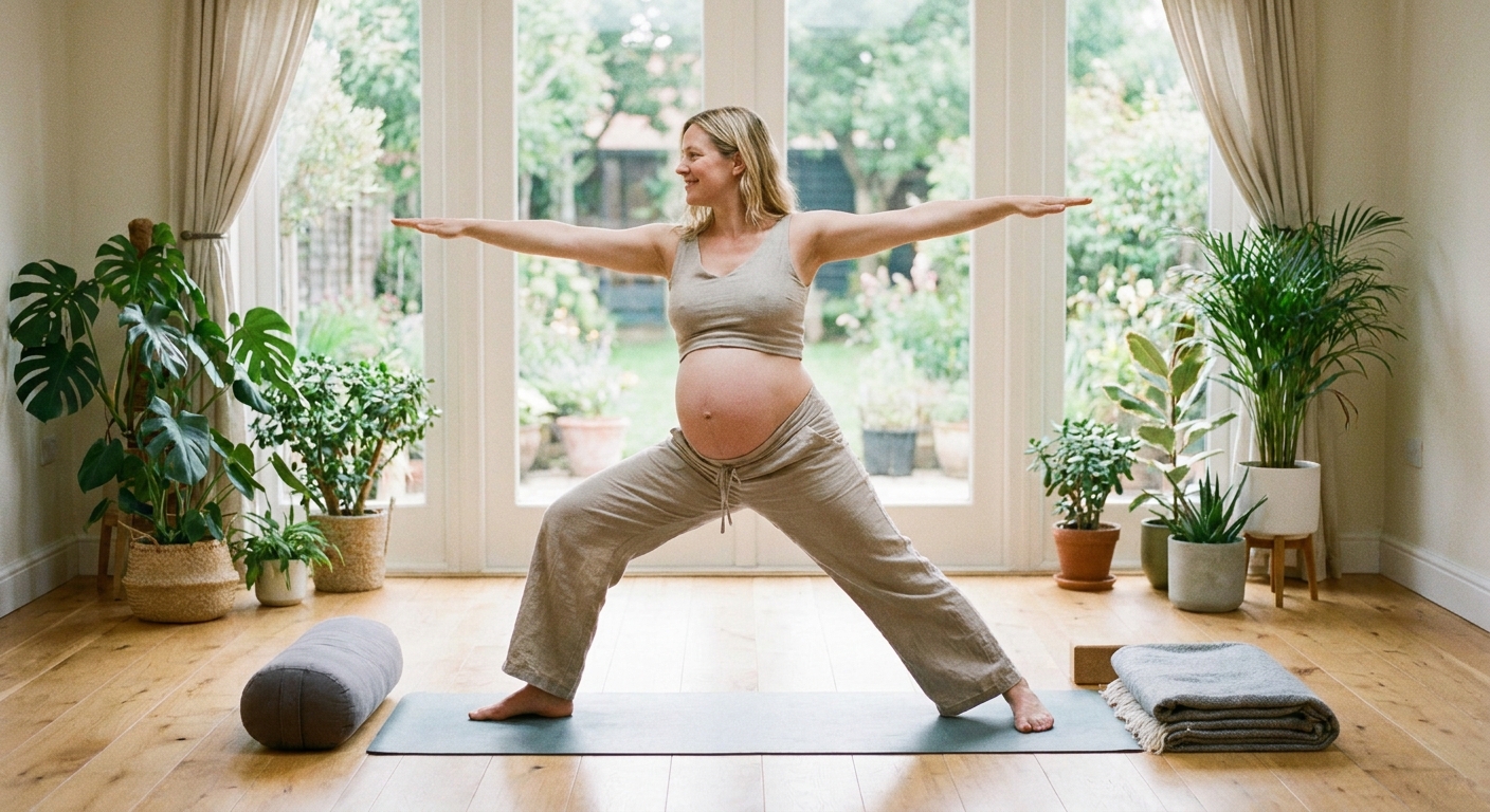 Gestante praticando yoga pré-natal em casa com segurança e tranquilidade