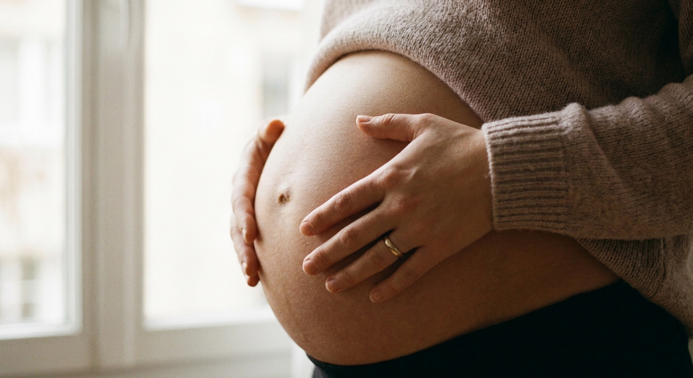 Gestante com as mãos na barriga praticando respiração consciente e meditação