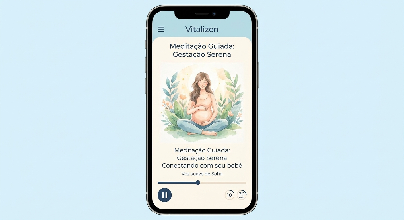 Interface do app Vitalizen mostrando sessão de meditação guiada para gestantes