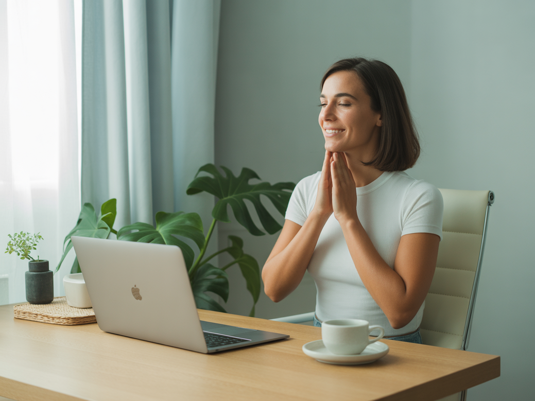 Mulher praticando yoga na cadeira em seu home office, demonstrando a importância da motivação no home office através de pausas ativas.