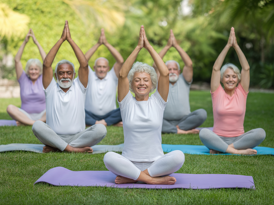 Grupo de idosos sorrindo enquanto praticam yoga suave em um jardim, demonstrando o bem-estar e a inspiração que as frases para idosos podem trazer.