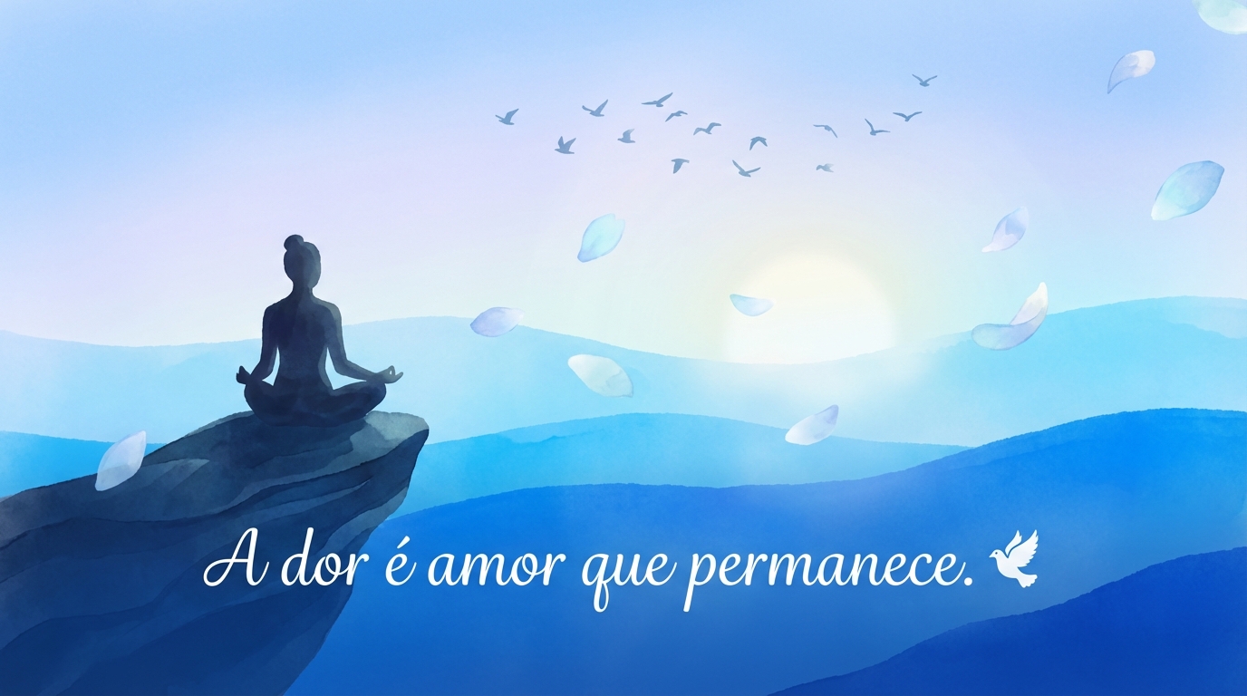 Frases de inspiração para o luto: ilustração serena com silhueta meditando, elementos de natureza e luz, simbolizando a paz encontrada no processo de luto com mindfulness