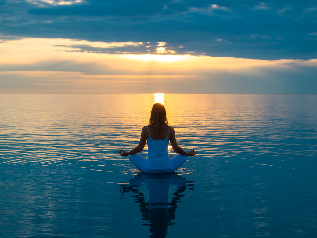 Imagem representando a busca por paz com frases de inspiração para luto, mostrando uma pessoa meditando ao pôr do sol.