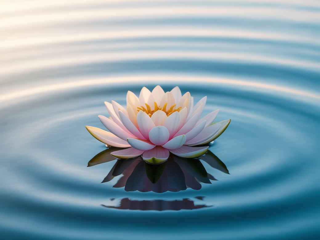 Imagem serena de uma flor de lótus flutuando na água, representando a serenidade e as frases de inspiração para o luto