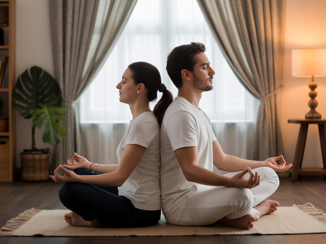 Casal praticando meditação em casal em um ambiente sereno, fortalecendo a conexão com a ajuda do aplicativo Vitalizen.