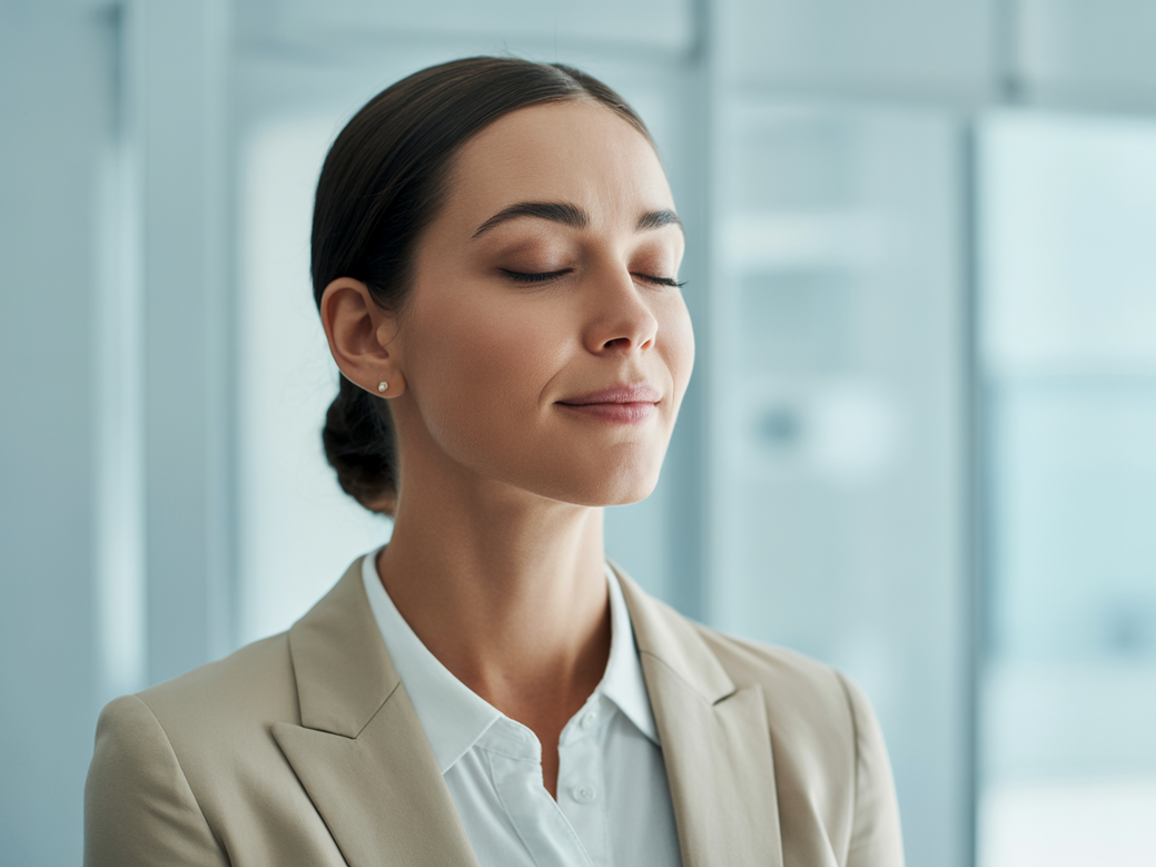 Mulher executiva praticando mindfulness em seu escritório, usando frases de inspiração para aumentar a motivação executiva e reduzir o estresse.