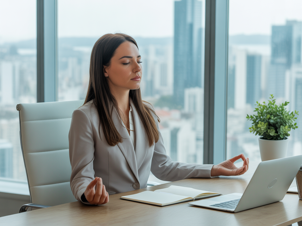 Mulher executiva praticando yoga no escritório para reduzir o estresse no trabalho
