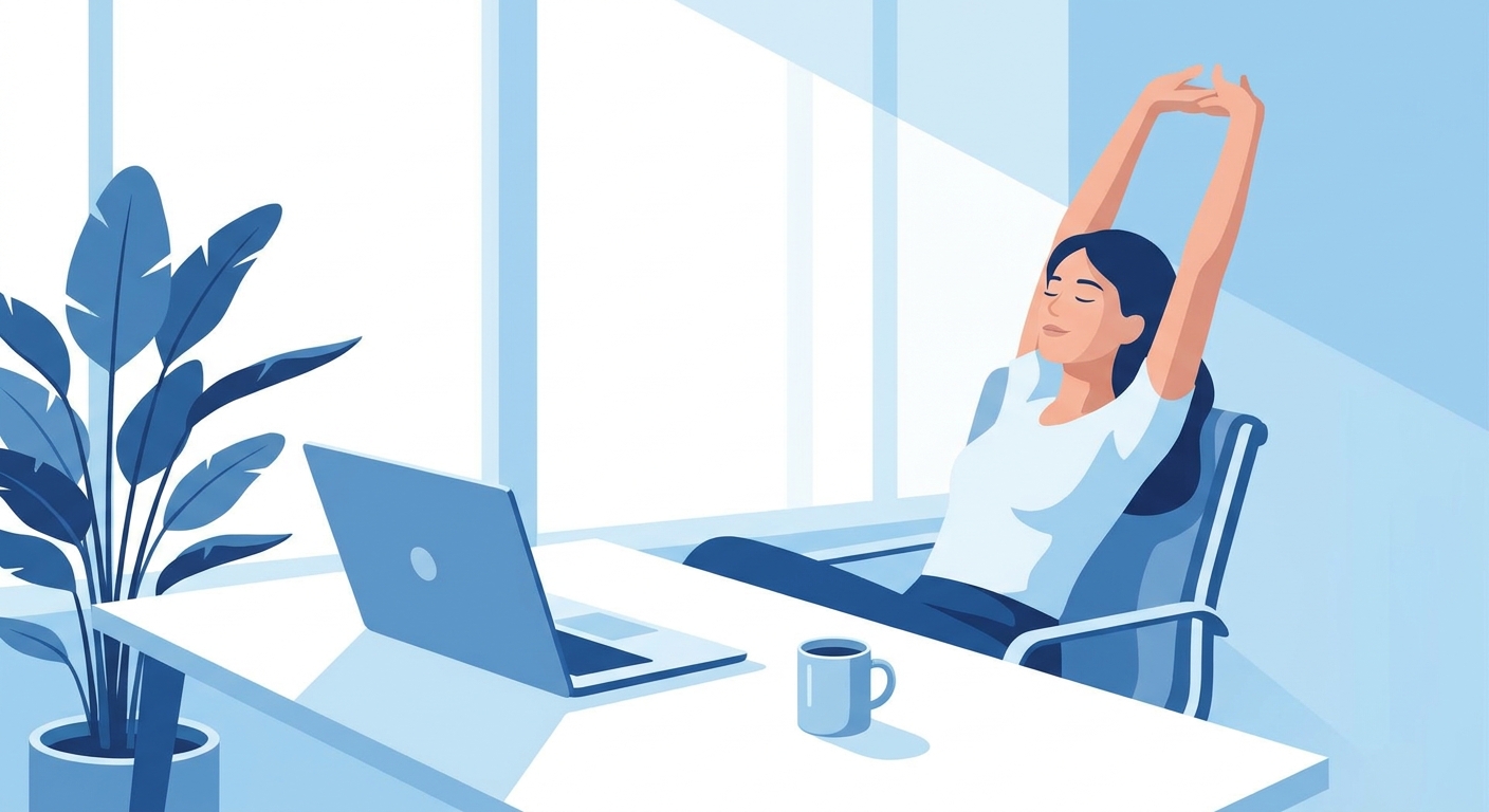 Profissional remoto fazendo pausa ativa com alongamento em home office