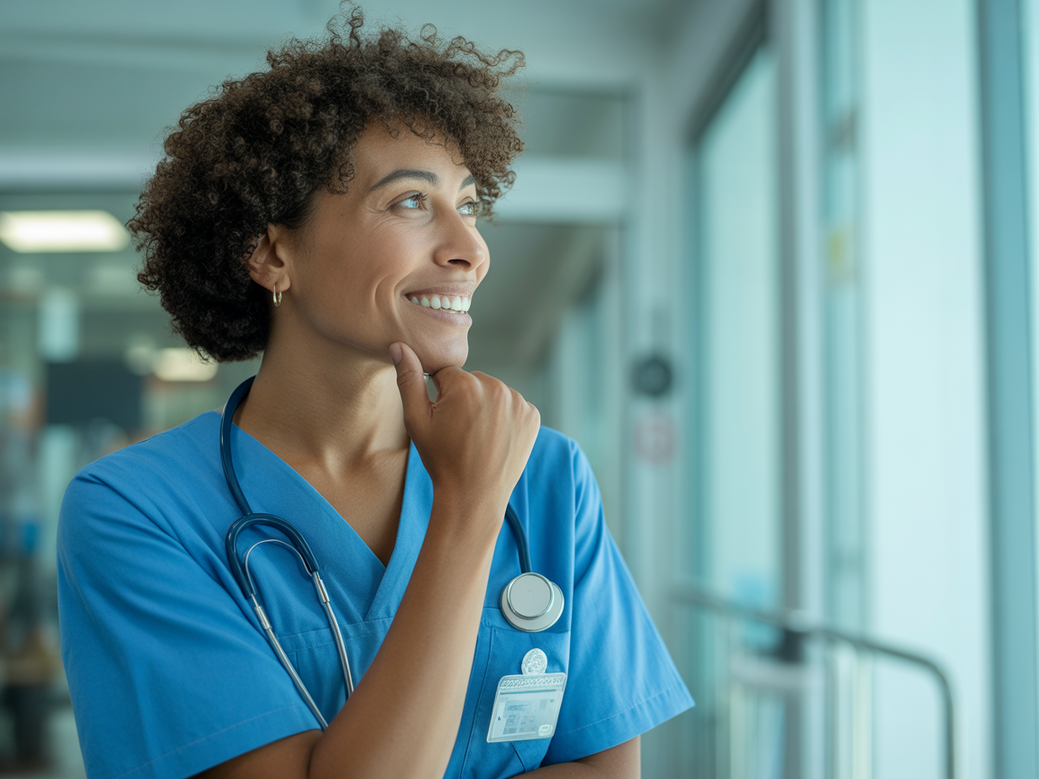 Profissional da saúde em momento de pausa, olhando pela janela com esperança, aplicando frases de inspiração para o bem-estar de trabalhadores da saúde.