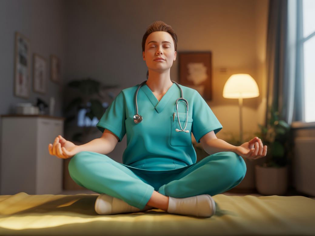 Profissional da saúde meditando em um momento de pausa, usando frases de inspiração para trabalhadores da saúde para renovar a motivação.