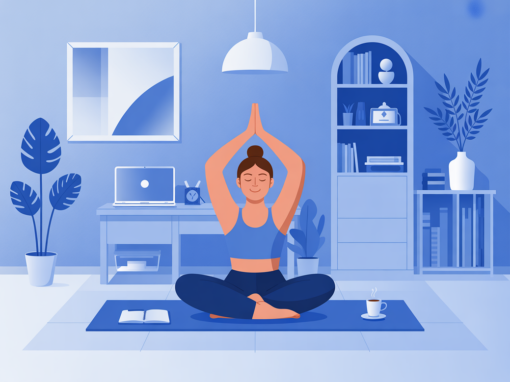 A remote professional using inspirational quotes for remote work while practicing yoga in a home office.