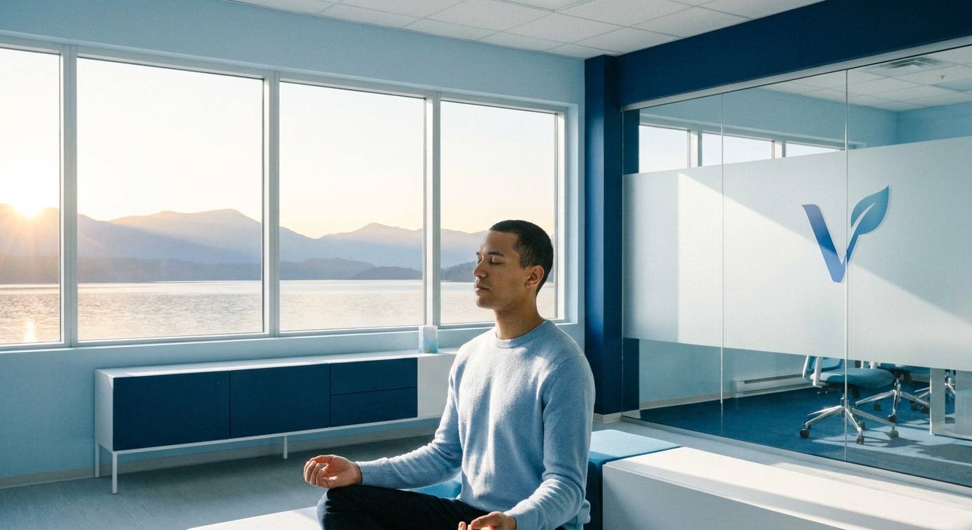 Mulher meditando em ambiente de trabalho calmo, simbolizando clareza na transição de carreira