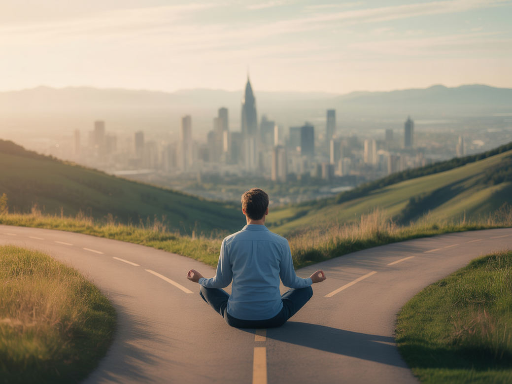 Mulher praticando yoga com uma paisagem tranquila ao fundo, simbolizando a inspiração e clareza na transição de carreira.